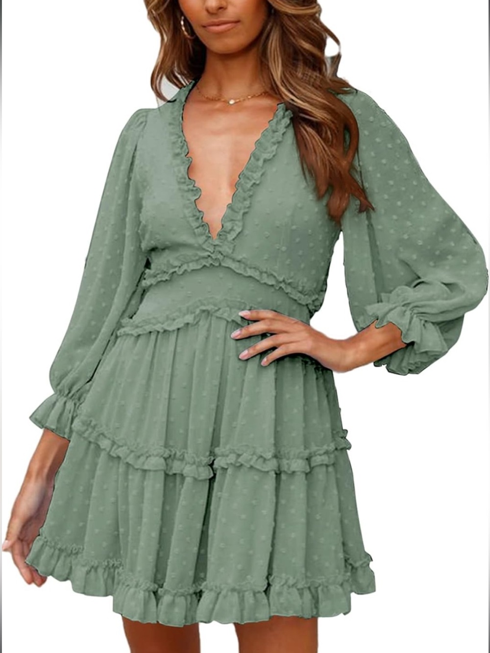 Sage Green Gauze Boho Western Chiffon Mini Dress with Tiered Ruffles-S